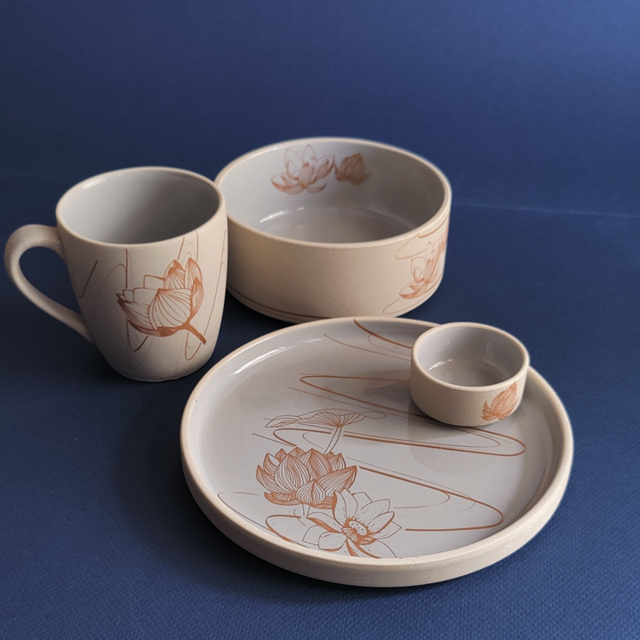 Isles of Indivarā  (Stoneware) - Breakfast Set ( Plate, Dip Bowl, Fruit Bowl & 1 Mug)